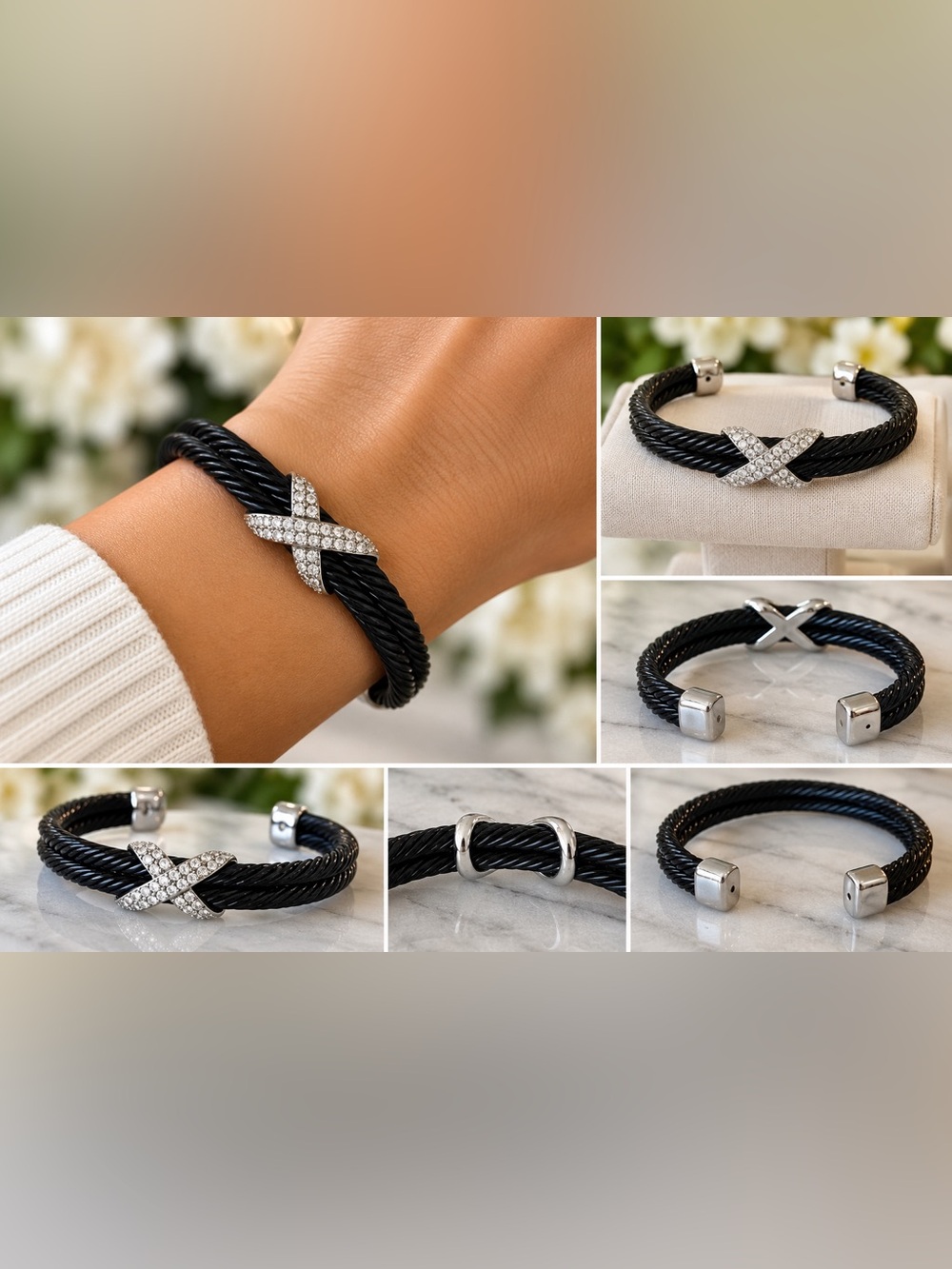 Women's Black Cable Bracelet with Crystal X Accent - Unbranded